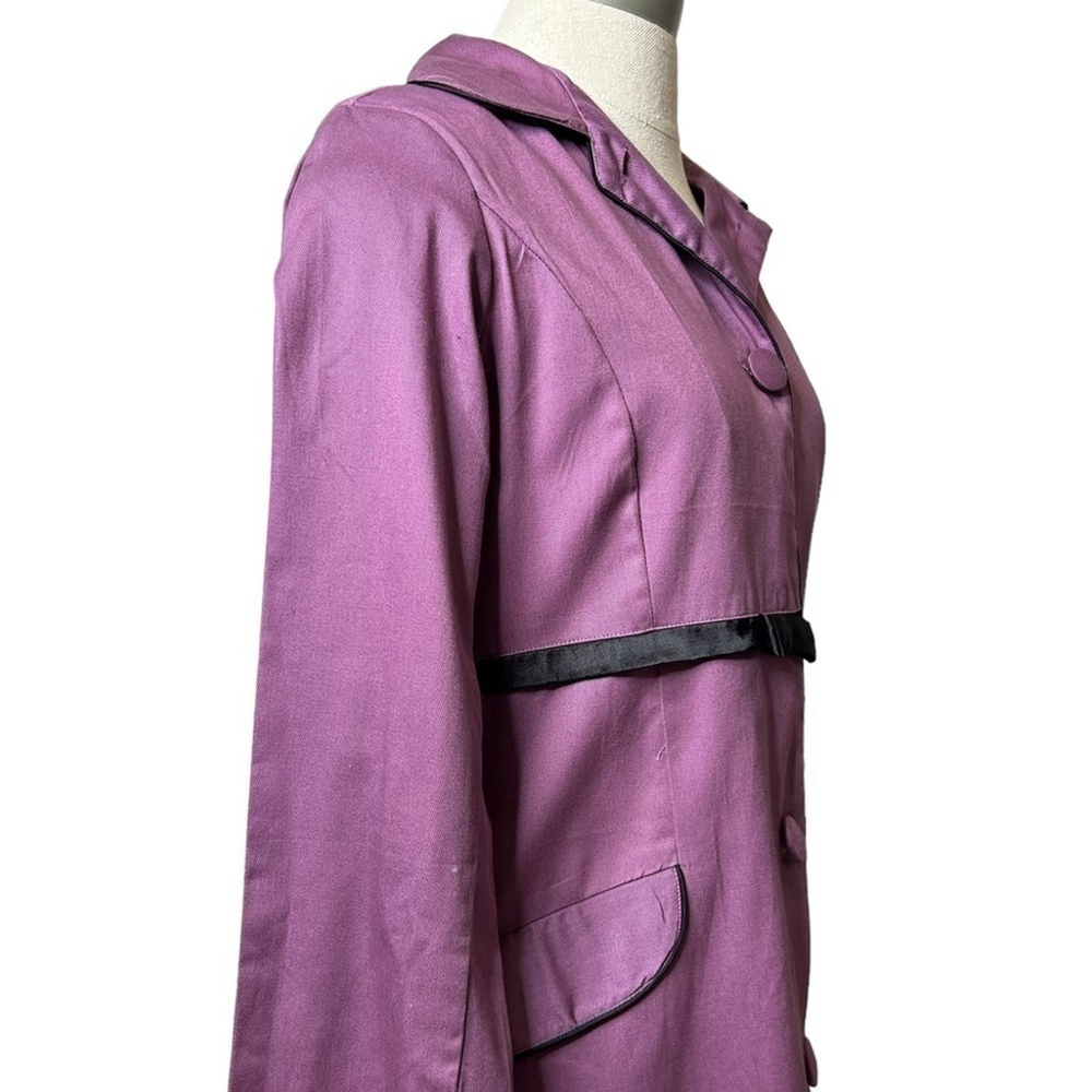 Angie Purple and Black Bow Collared Trench Coat Lightweight Long Sleeve Jacket - Picture 9 of 16